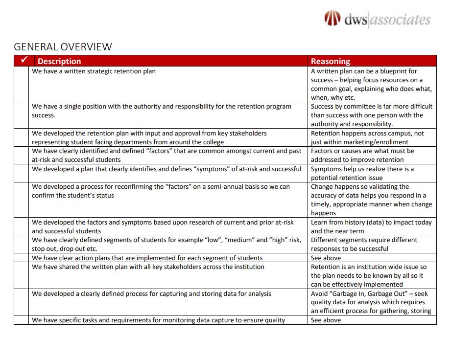 DWS Associates - Student Retention Checklist